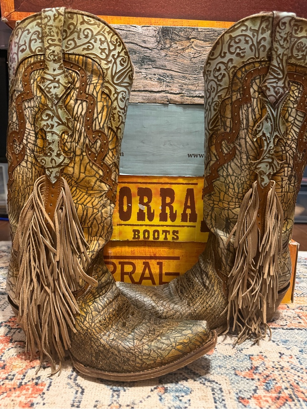 Corral Tall Western Fringe Leather Cowboy Boots - Tan & Cream